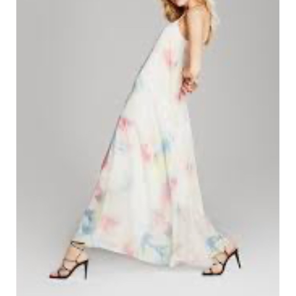 Vince Camuto Watercolor Abstract Print Maxi Dress Ivory Pink Blue Women's 6 EUC
